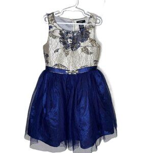 Girl's Sleevless Gold Brocade & Blue Tulle Party Dress, Easter Dress, Size 7